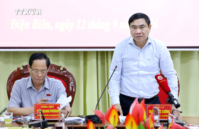 Đồng chí Trần Quốc Cường, Bí thư Tỉnh ủy tỉnh Điện Biên, phát biểu tại buổi làm việc. Ảnh: Trung Kiên - TTXVN vna_potal_pho_chu_tich_quoc_hoi_tran_quang_phuong_lam_viec_voi_tinh_dien_bien_7590806.jpg