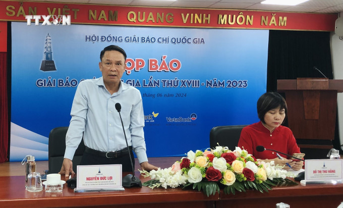 Ông Nguyễn Đức Lợi, Phó Chủ tịch Thường trực Hội Nhà báo Việt Nam, Phó Chủ tịch Hội đồng Giải Báo chí Quốc gia phát biểu. Ảnh: Phương Lan - TTXVN vna_potal_hop_bao_thong_tin_ve_giai_bao_chi_quoc_gia_lan_thu_xviii___7438455.jpg