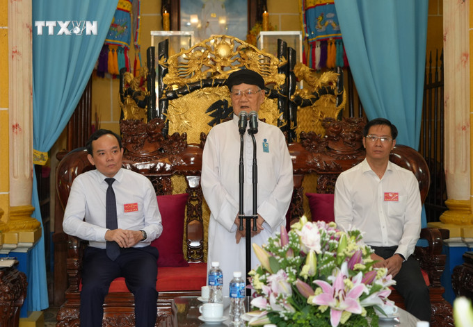 Đầu sư Thượng Tám Thanh, Chưởng quản Hội thánh Cao Đài Tây Ninh phát biểu tại Đại lễ vía Đức Chí Tôn năm 2024. Ảnh: Minh Phú - TTXVN vna_potal_dai_le_duc_chi_ton_nam_giap_thin_2024_cua_dao_cao_dai_7229880.jpg