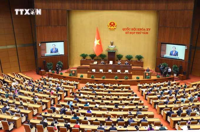 Chủ tịch Quốc hội Trần Thanh Mẫn phát biểu bế mạc Kỳ họp thứ 8, Quốc hội Khóa XV. Ảnh: Văn Điệp – TTXVN