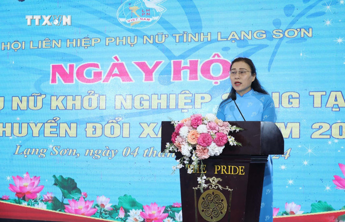 Phó Chủ tịch Hội Liên hiệp Phụ nữ tỉnh Lạng Sơn Trương Thị Hảo phát biểu khai mạc Ngày hội. Ảnh: Anh Tuấn – TTXVN vna_potal_lang_son_to_chuc_ngay_hoi_phu_nu_khoi_nghiep_sang_tao_va_chuyen_doi_xanh_nam_2024_7632722.jpg