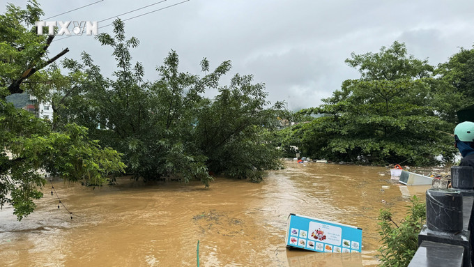 Mưa lớn kéo dài suốt đêm 9 và ngày 10/6 đã khiến nước sông Lô ở thành phố Hà Giang dâng cao, gây ngập lụt các hộ sống ven sông. Ảnh: Minh Tâm-TTXVN vna_potal_ha_giang_mua_lu_khien_2_nguoi_chet_thiet_hai_ban_dau_uoc_tinh_gan_10_ty_dong_7422790.jpg