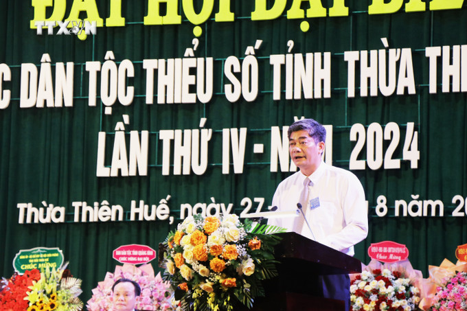 Thứ trưởng, Phó Chủ nhiệm Ủy ban Dân tộc Y Vinh Tơr phát biểu tại Đại hội. Ảnh: Tường Vi - TTXVN vna_potal_dai_hoi_dai_bieu_cac_dan_toc_thieu_so_tinh_thua_thien_-_hue_7561665.jpg