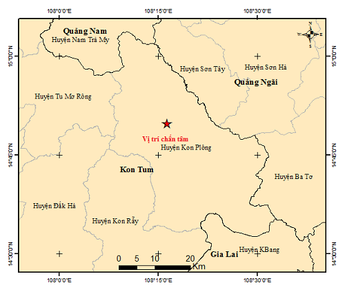 Bản đồ chấn tâm trận động đất tại huyện Kon Plông xảy ra vào 10 giờ 49 phút 46 giây ngày 7/2 (giờ Hà Nội), tại tọa độ 14.829 độ Vĩ Bắc - 108.273 độ Kinh Đông, độ sâu chấn tiêu khoảng 8,2 km. Ảnh: igp-vast.vn 07_02_2024_1_V.png