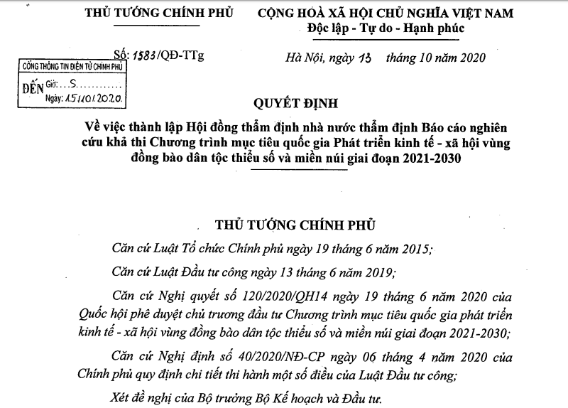 Lập Hội đồng thẩm định Chương trình mục tiêu quốc gia phát triển vùng đồng bào dân tộc thiểu số, miền núi