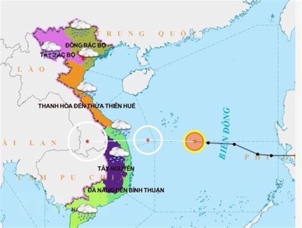 Dự báo đường đi của áp thấp nhiệt đới trên Biển Đông. (Nguồn: TTXVN phát)