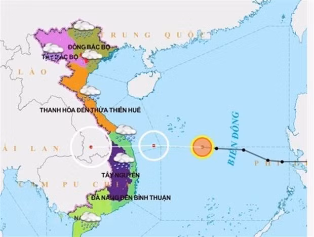 Dự báo đường đi của áp thấp nhiệt đới trên Biển Đông. (Nguồn: TTXVN phát)