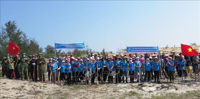 Hơn 700 hội viên phụ nữ xã Quang Phú, thành phố Đồng Hới và các lực lượng biên phòng, công an, cựu chiến binh, thanh niên... cùng chung tay trồng cây xanh, bảo vệ môi trường. Ảnh: Võ Dung -TTXVN