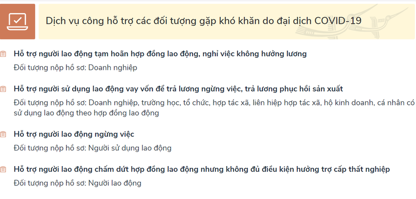 Xử lý hồ sơ dịch vụ công hỗ trợ đối tượng gặp khó khăn do đại dịch COVID-19 trên Cổng Dịch vụ công Quốc gia
