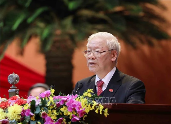 Đồng chí Nguyễn Phú Trọng, Tổng Bí thư BCHTW khóa XIII, Chủ tịch nước CHXHCN Việt Nam đọc Diễn văn bế mạc Đại hội. Ảnh: TTXVN