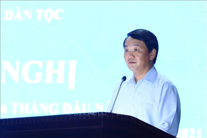 Bộ trưởng, Chủ nhiệm Ủy ban Dân tộc Hầu A Lềnh phát biểu khai mạc hội nghị. Ảnh: Nguyễn Điệp – TTXVN