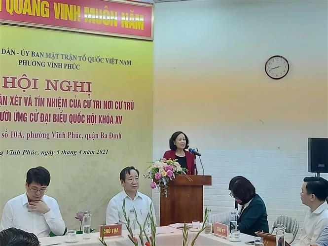 Ủy viên Bộ Chính trị, Trưởng Ban Dân vận Trung ương Trương Thị Mai phát biểu tại hội nghị. Ảnh: Nguyễn Cúc-TTXVN 