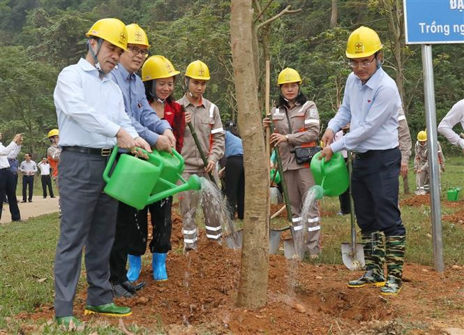 Chủ tịch HĐTV EVN Dương Quang Thành (ngoài cùng bên phải) và Bí thư Tỉnh ủy Tuyên Quang Chẩu Văn Lâm (ngoài cùng bên trái) hưởng ứng Tết trồng cây tại Tuyên Quang. Ảnh: Ngọc Hà - TTXVN 