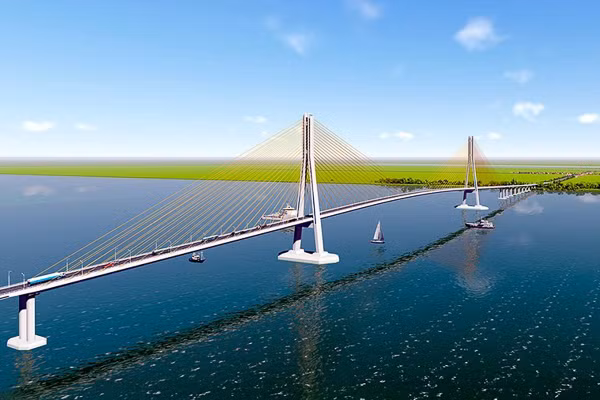 Phối cảnh cầu Đại Ngãi đi qua địa bàn huyện Cù Lao Dung (tỉnh Sóc Trăng) chuẩn bị được khởi công xây dựng. Dự kiến, sau khi hoàn thành, cầu Đại Ngãi sẽ giúp Cù Lao Dung tăng tốc trong phát triển kinh tế - xã hội. Ảnh: baosoctrang.org.vn