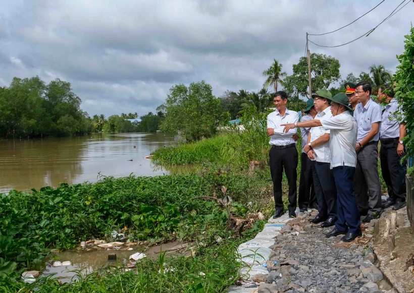 Đoàn công tác của Ủy ban Trung ương MTTQ Việt Nam kiểm tra tình hình sạt lở bờ sông Trà Nóc, quận Bình Thủy, TP. Cần Thơ. Ảnh: Thanh Liêm - TTXVN