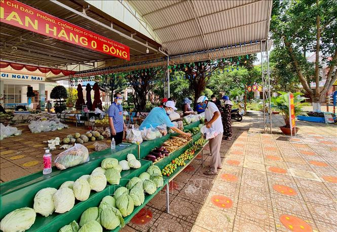 Nông sản, rau củ, lương thực, thực phẩm là các mặt hàng chính tại gian hàng 0 đồng . Ảnh: Hưng Thịnh – TTXVN
