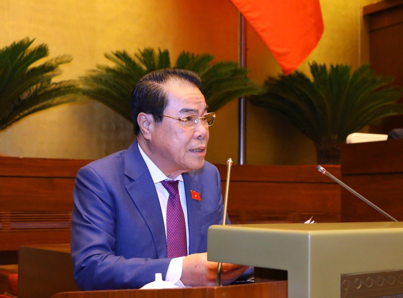 Trưởng Ban Dân nguyện thuộc Ủy ban Thường vụ Quốc hội Dương Thanh Bình trình bày Báo cáo kết quả giám sát việc giải quyết kiến nghị của cử tri gửi đến Kỳ họp thứ 5, Quốc hội khóa XV. Ảnh: Văn Điệp - TTXVN