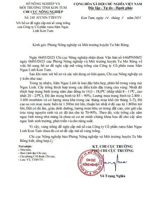 Văn bản số 245/CCNN-TTBVTV ngày 14/5 không đồng ý cấp mã vùng trồng cho Công ty Cổ phần rượu sâm Ngọc Linh Kon Tum. Ảnh: Cao Nguyên/TTXVN sam-ngoc-linh3-0306.jpg