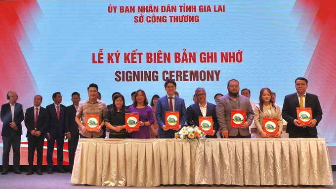 Ký biên bản ghi nhớ hợp tác giữa Công ty TNHH NK Holdings Co.Ltd (Nhật Bản) với các doanh nghiệp Gia Lai và chính quyền tỉnh Attapeu (Lào). Ảnh: Hồng Điệp/TTXVN gia-lai2-050625.jpg