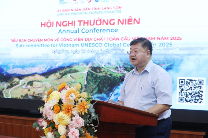 TS Trịnh Hải Sơn, Chủ tịch Tiểu Ban chuyên môn về Công viên địa chất toàn cầu Việt Nam, Viện trưởng Viện Khoa học Địa chất và Khoáng sản phát biểu tại Hội nghị. Ảnh: Anh Tuấn/TTXVN lang-son1-2906.jpg