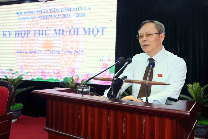 Chủ tịch HĐND tỉnh Sơn La Nguyễn Thái Hưng phát biểu. Ảnh: Quang Quyết/TTXVN son-la-1707.jpg