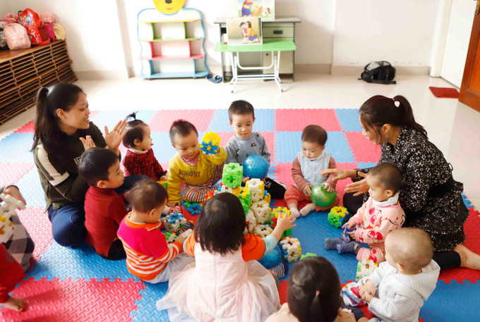 Giờ chơi của các cháu Trường mầm non tư thục Chích Bông đường Tôn Đức Thắng, thành phố Vĩnh Yên. Ảnh minh họa: Hoàng Hùng/TXVN vinh-phuc-1.jpg