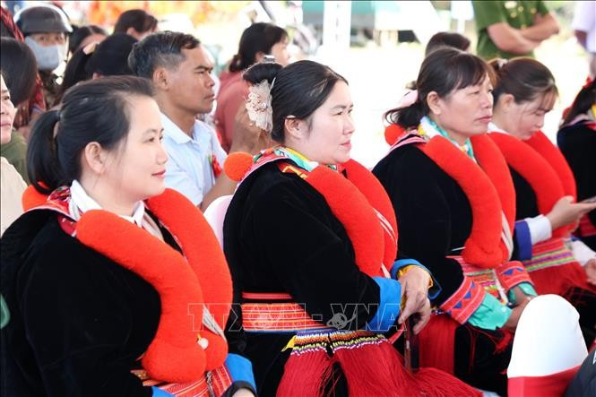 Người dân xã Đắk Wil phấn khởi với dự án Trường Phổ thông nội trú liên cấp Tiểu học và THCS Đắk Wil. Ảnh: Hưng Thịnh/TTXVN