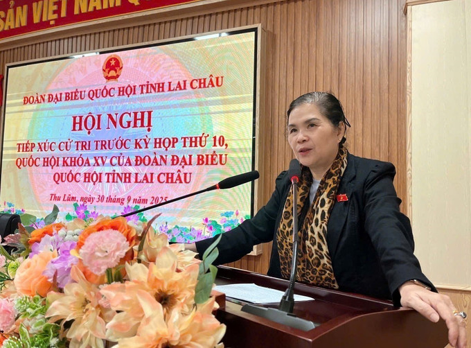 Bà Giàng Páo Mỷ, Ủy viên Trung ương Đảng, Chủ tịch HĐND, Trưởng Đoàn Đại biểu Quốc hội tỉnh trả lời cử tri xã Thu Lũm. Ảnh: TTXVN phát lai-chau-011025.jpg