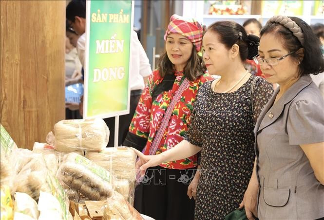 Người tiêu dùng Thành phố Hồ Chí Minh mua sắm các sản phẩm của vùng đồng bào dân tộc thiểu số và miền núi tỉnh Cao Bằng. Ảnh: Xuân Anh/TTXVN cb3-160525.jpg
