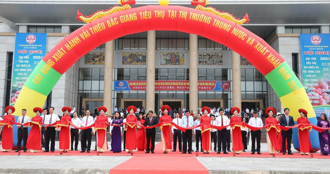 Nghi lễ cắt băng xuất hành chuyến vải chín sớm đầu tiên. Ảnh: Danh Lam/TTXVN Nghi lễ cắt băng xuất hành chuyến vải chín sớm đầu tiên. Ảnh: Danh Lam/TTXVN