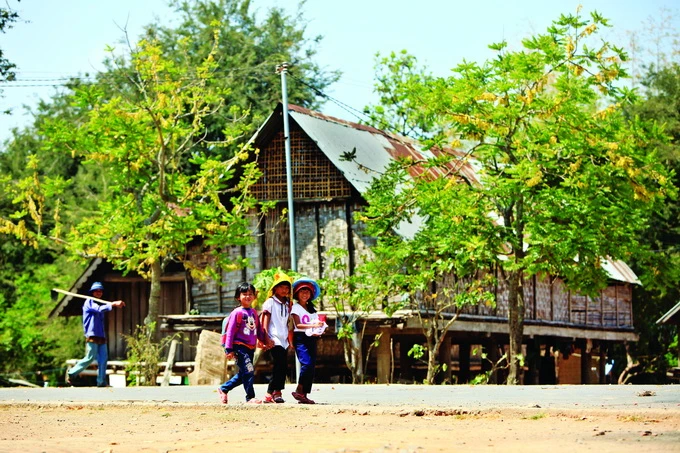Con đường vào buôn M’Liêng được thảm nhựa, không gian buôn làng thanh bình, cổ kính. Ảnh: Y Quang Bkrông