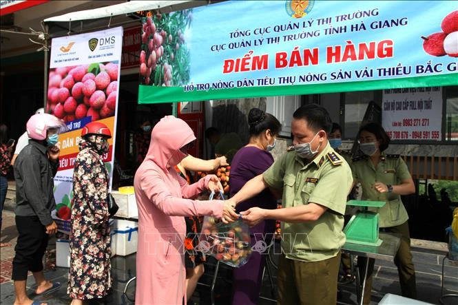Hàng chục tấn Vải thiều Bắc Giang được tiêu thụ tại các địa phương của tỉnh Hà Giang. Ảnh: Minh Tâm-TTXVN