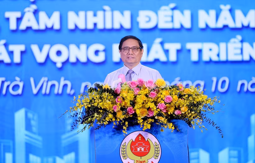 Thủ tướng Phạm Minh Chính phát biểu tại Hội nghị Công bố Quy hoạch tỉnh Trà Vinh. Ảnh: Dương Giang-TTXVN