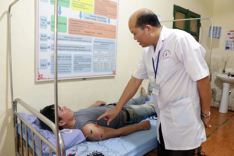 Bác sĩ Bệnh viện Đa khoa huyện Mường La, tỉnh Sơn La, khám bệnh cho bệnh nhân có thẻ bảo hiểm y tế. Ảnh: Hữu Quyết - TTXVN