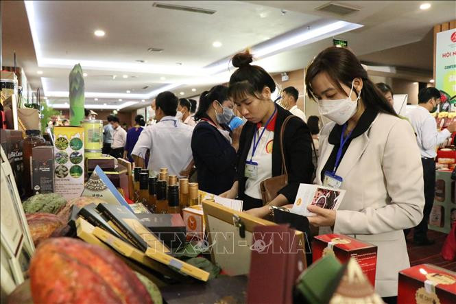 Đại biểu tham quan các gian hàng trưng bày sản phẩm đặc sản trong nông nghiệp của tỉnh Đắk Lắk. Ảnh: Tuấn Anh – TTXVN