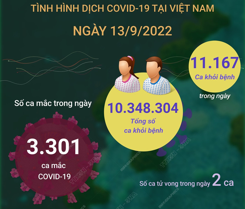 Dịch COVID-19: Ngày 13/9, cả nước có 3.301 ca mắc COVID-19 mới, 11.167 F0 khỏi bệnh