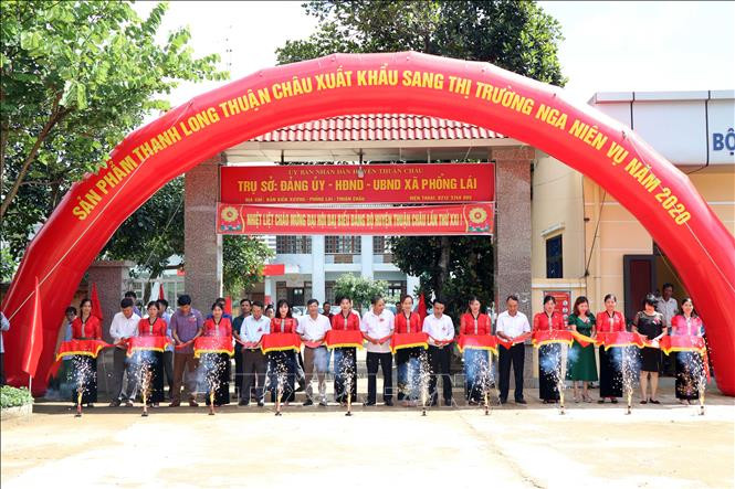 Các đại biểu cắt băng xuất khẩu lô thanh long ruột đỏ sang thị trường Liên bang Nga. Ảnh: Hữu Quyết – TTXVN