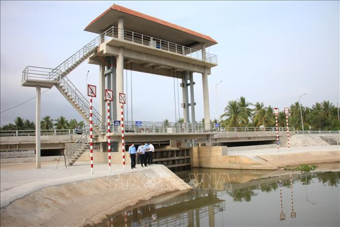 Hệ thống cống giúp chủ động điều tiết nước ngăn mặn, trữ ngọt phục vụ sản xuất. Ảnh: Công Trí – TTXVN