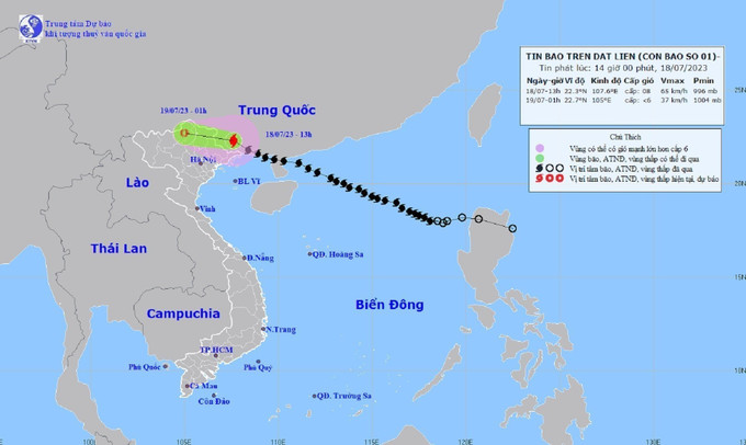 Vị trí và hướng đi của bão số 1. Ảnh: TTXVN phát Ứng phó với bão số 1: Bão trên đất liền, Bắc Bộ chuẩn bị đón mưa lớn ảnh 1