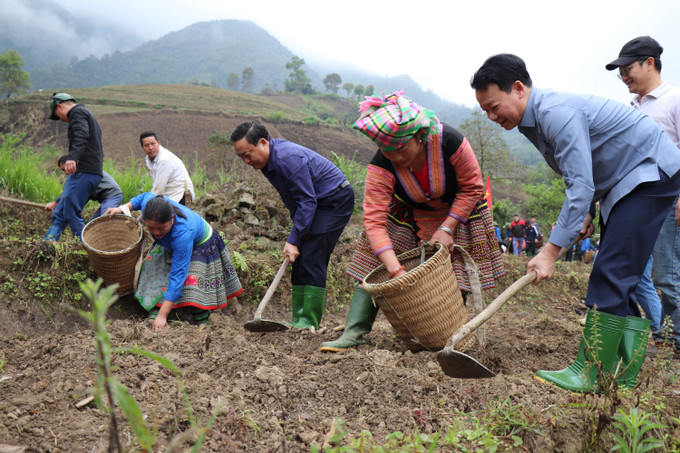 Bí thư Tỉnh ủy Yên Bái Đỗ Đức Duy tham gia trồng khoai sọ nương cùng đồng bào Mông ở thôn Mù Thấp, xã Bản Mù, huyện Trạm Tấu. Ảnh: Việt Dũng - TTXVN Nhiều mô hình dân vận hay được lan tỏa, nhân rộng trong xã hội ảnh 3