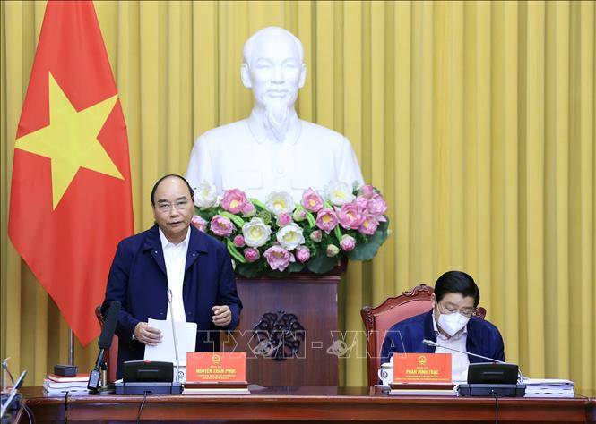 Chủ tịch nước Nguyễn Xuân Phúc phát biểu. Ảnh: Thống Nhất- TTXVN Chủ tịch nước Nguyễn Xuân Phúc: Đẩy nhanh tiến độ xây dựng Đề án về Nhà nước pháp quyền ảnh 1