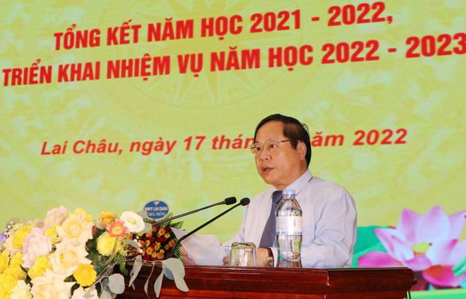 Phó Chủ tịch Thường trực UBND tỉnh Lai Châu Tống Thanh Hải phát biểu tại hội nghị. Ảnh: Đinh Thùy - TTXVN Tiếp tục nâng cao chất lượng giáo dục vùng cao Lai Châu ảnh 2