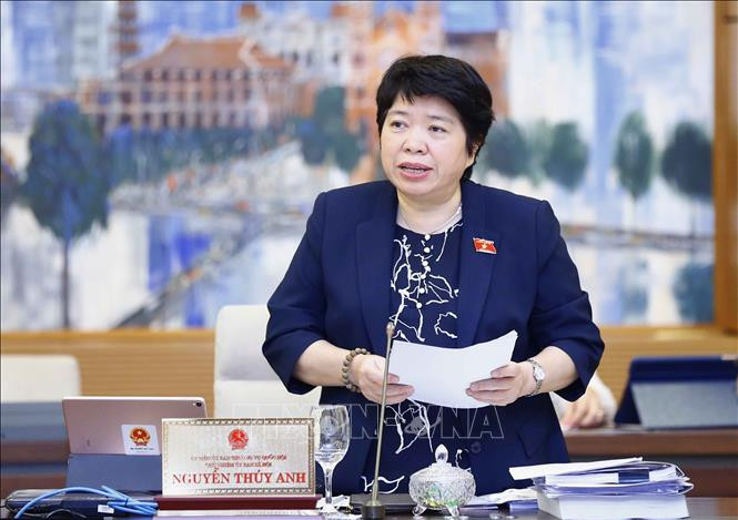 Chủ nhiệm Ủy ban Xã hội của Quốc hội Nguyễn Thúy Anh trình bày báo cáo thẩm tra. Ảnh: Doãn Tấn - TTXVN Đánh giá, đề xuất giải pháp tháo gỡ nợ bảo hiểm xã hội để bảo vệ quyền lợi người lao động ảnh 1