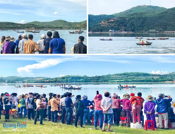 Đua ghe truyền thống thu hút đông đảo người dân và du khách đến xem và cổ vũ. Ảnh: baoquangngai.vn Đặc sắc lễ hội “Đầm An Khê sóng hát” ảnh 1