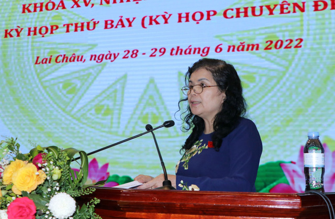 Bí thư Tỉnh ủy, Chủ tịch HĐND tỉnh, Trưởng Đoàn Đại biểu Quốc hội tỉnh Lai Châu Giàng Páo Mỷ phát biểu kết luận kỳ họp. Ảnh: Nguyễn Oanh-TTXVN. HĐND tỉnh Lai Châu thông qua nhiều nghị quyết thực hiện 3 Chương trình mục tiêu quốc gia ảnh 1