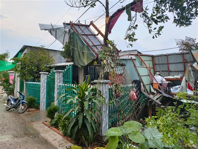 Giông lốc khiến nhiều căn nhà người dân bị thiệt hại nặng. Ảnh: TTXVN phát An Giang: Giông lốc khiến 93 căn nhà và nhiều diện tích hoa màu của người dân bị thiệt hại nặng ảnh 1