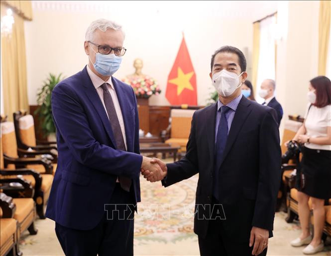 Thứ trưởng Ngoại giao Tô Anh Dũng với Đại sứ Đức tại Việt Nam Guido Hildner dự lễ tiếp nhận. Ảnh: Lâm Khánh - TTXVN Tiếp nhận 2,6 triệu liều vaccine AstraZeneca do Chính phủ Đức viện trợ ảnh 1