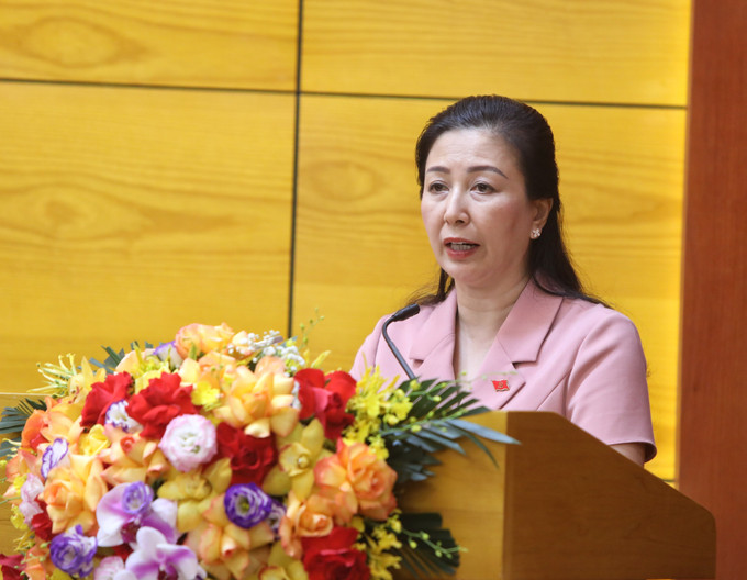 Phó Bí thư Thường trực Tỉnh ủy Bắc Giang Lê Thị Thu Hồng phát biểu tại buổi làm việc. Ảnh: Danh Lam -TTXVN Thường trực Ban Bí thư Võ Văn Thưởng làm việc tại tỉnh Bắc Giang ảnh 4