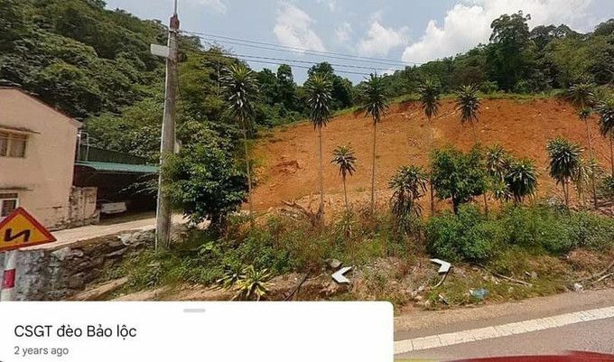 Khu vực trụ sở Trạm Cảnh sát giao thông đèo Bảo Lộc năm 2021. Ảnh: TTXVN phát Sạt lở nghiêm trọng tại đèo Bảo Lộc (Lâm Đồng): Vườn sầu riêng phía trên Trạm Cảnh sát giao thông có một phần đất rừng ảnh 2