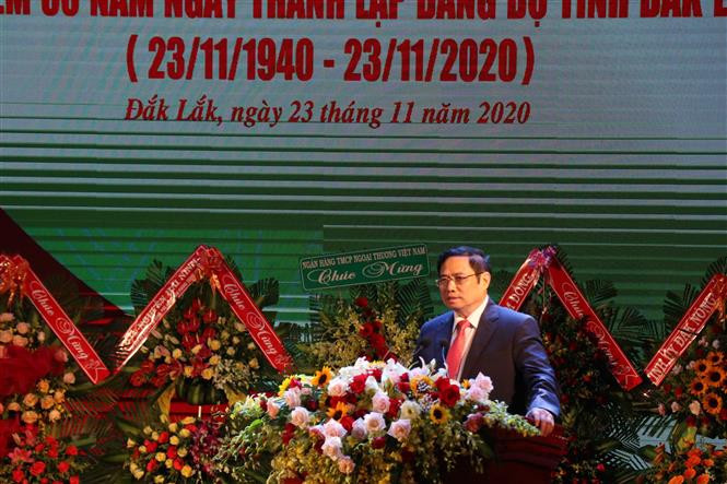 Đồng chí Phạm Minh Chính, Ủy viên Bộ Chính trị, Bí thư Trung ương Đảng, Trưởng Ban Tổ chức Trung ương phát biểu tại Lễ kỷ niệm 80 năm Ngày thành lập Đảng bộ tỉnh Đắk Lắk (23/11/1940 - 23/11/2020). Ảnh: Anh Dũng – TTXVN Đồng chí Phạm Minh Chính dự Lễ kỷ niệm 80 năm Ngày thành lập Đảng bộ tỉnh Đắk Lắk ảnh 1